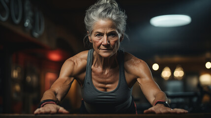 muscular elderly woman, training in the gym, healthy lifestyle