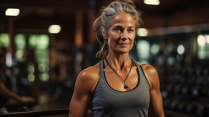 Fototapeta na wymiar muscular elderly woman, training in the gym, healthy lifestyle