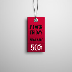 Black friday sale. Realistic price tag image. Red label on a white background. Special offer or shopping discount label. Sale, 50% discount, big discounts. Vector image, EPS 10.