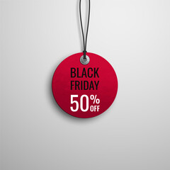 Black friday sale. Realistic price tag image. Red label on a white background. Special offer or shopping discount label. Sale, 50% discount, big discounts. Vector image, EPS 10.