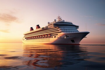 Luxury cruise ship in sea at sunset. Vacation travel concept.