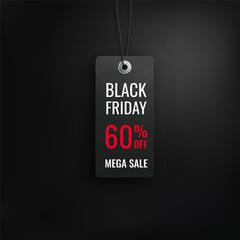 Black friday sale. Realistic price tag image. Black label on a black background. Special offer or shopping discount label. Sale, 60% discount, big discounts. Vector image, EPS 10.