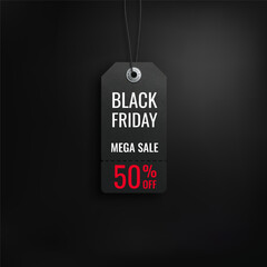 Black friday sale. Realistic price tag image. Black label on a black background. Special offer or shopping discount label. Sale, 50% discount, big discounts. Vector image, EPS 10.