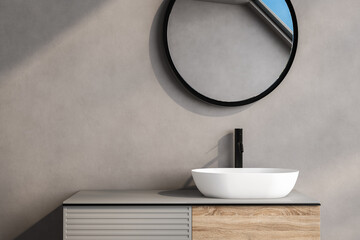 3D render of a beautiful white vanity set with ceramic wash basin, round mirror. Space for products...