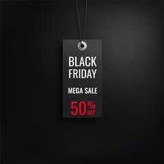 Black friday sale. Realistic price tag image. Black label on a black background. Special offer or shopping discount label. Sale, 50% discount, big discounts. Vector image, EPS 10.