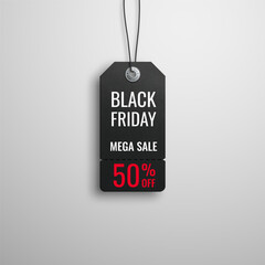 Black friday sale. Realistic price tag image. Black label on a white background. Special offer or shopping discount label. Sale, 50% discount, big discounts. Vector image, EPS10.