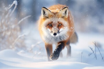 Obraz premium Beautiful red fox stand in wild in Winter with snow.