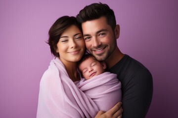 Obraz premium Newborn baby cradled in parents arms isolated on a gradient lavender background 