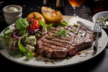 delicious beef steak served with side salad and potatoes on a restaurant