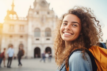 Portrait of a happy young girl travel in a historical city. Vacation travel concept.