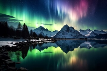 overtaking northern lights shining green over the coast of iceland