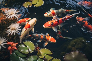 orange carps swimming  in a water pond in a japanese garden