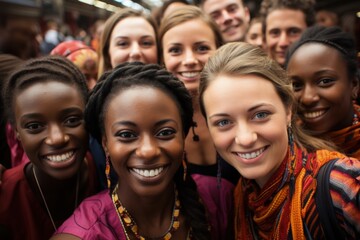 Fototapeta premium Diverse group selfies at cultural festivals imbued with chic plum-toned vibrancy 