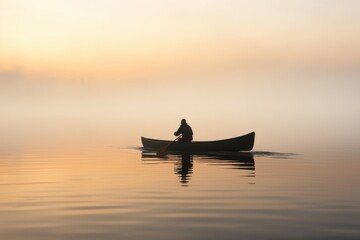 A man in canoe on a foggy tranquil lake at sunrise. Winter Autumn seasonal concept.