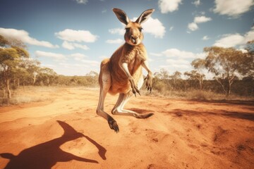 kangaroo in the australian outback looking to camera - obrazy, fototapety, plakaty