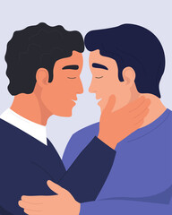 A couple of men in love in profile. Gay men hug each other. Vector graphics.