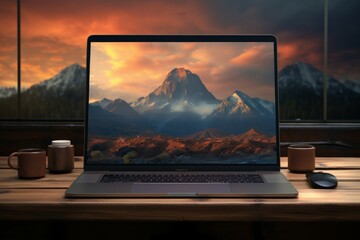 laptop computer on a desktop with a landscape wallpaper