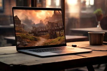 Fotobehang laptop computer on a desktop with a landscape wallpaper © urdialex