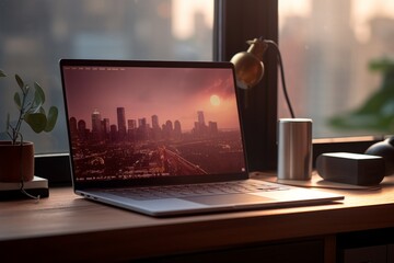 laptop computer on a desktop with a landscape wallpaper