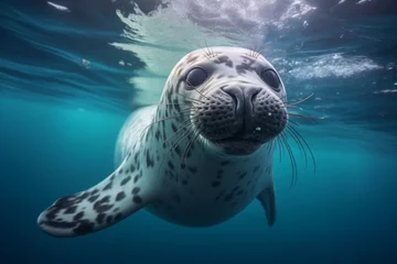 Peel and stick wall murals Leopard leopard seal swimming underwater in the antarctic sea towards the camera