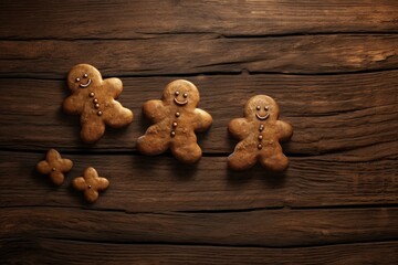 Human shaped gingerbread biscuit on wood board background for holiday season. Winter seasonal concept.