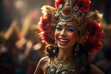 portrait of a balinese dancer woman wearing indonesian traditional clothes smiling to camera
