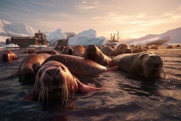 a walrus colony on ice far north  in the arctic sea - obrazy, fototapety, plakaty