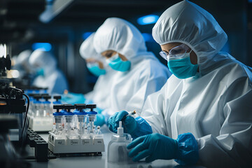 Pharmaceutical workers or technologists in protective equipment controlling the quality of vaccine production in a factory - obrazy, fototapety, plakaty