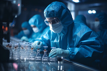 Pharmaceutical workers or technologists in protective equipment controlling the quality of vaccine production in a factory - obrazy, fototapety, plakaty