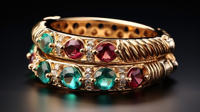 Circus-themed ruby emerald and gold jewelry isolated on a gradient background 