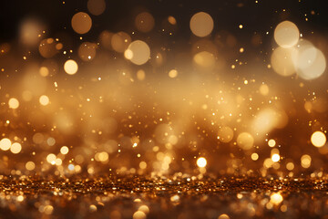 golden christmas particles and sprinkles for a holiday celebration like christmas or new year. shiny golden lights. wallpaper background for ads or gifts wrap and web design - obrazy, fototapety, plakaty