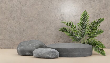 Obraz na płótnie Canvas Stone and small plants 3D product podium for cosmetic/beauty products presentation.