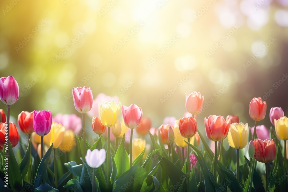 Wall mural beautiful tulip at sunrise with variable colors in field in spring. blurred bokeh background for tex