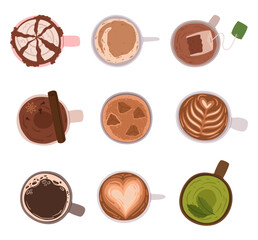 Top View Of Cups Brim With Refreshing Drinks, Forming A Vibrant Mosaic Of Deliciousness, Ready To Quench Your Thirst