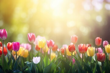 Beautiful tulip at sunrise with variable colors in field in Spring. Blurred bokeh background for text. Spring seasonal concept.