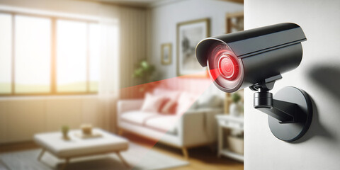 Home security camera monitoring living room, modern surveillance technology for safety, residential...