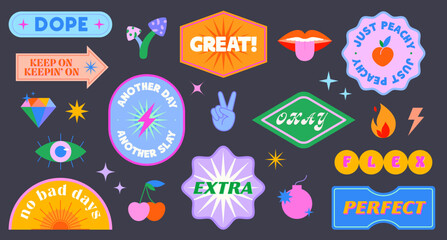 Vector set of cute funny patches and stickers in 90s style.Modern icons and symbols in y2k aesthetic with text.Trendy colorful emblems for banners,social media marketing,branding,packaging,covers - obrazy, fototapety, plakaty