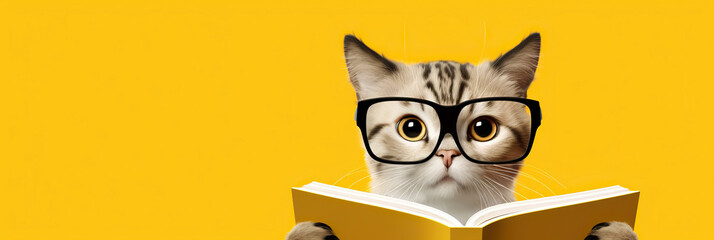 Cute kitten with glasses reads a book on a yellow background. Adorable kitten with big eyes wearing glasses on yellow with space for text. Surprised cat in glasses holding opened book. Knowledge conce - obrazy, fototapety, plakaty