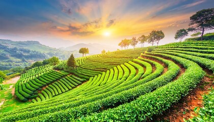 Tea plantations under a clear blue sky 