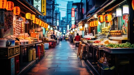 Night asian traditional street market, lantern lamp decoration. In suburban areas. - obrazy, fototapety, plakaty