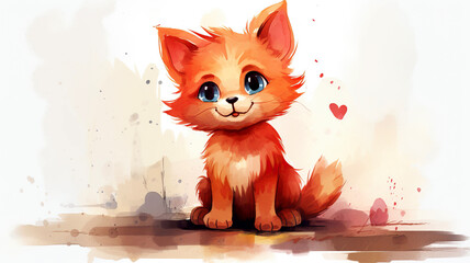 Cat in love on a white background. Cute little red kitten sitting on the street. Postcard design, illustration for fairy tales.