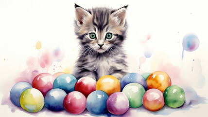 Cute little kitten with colorful balls on a white background. Watercolor illustration for Puzzle.