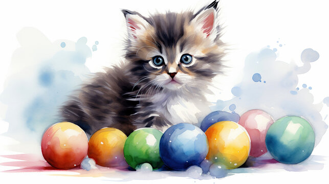Cute kitten with bright balls. Watercolor painting on a white background. A beautiful watercolor illustration of a cat for any cat lover. Watercolor illustration for Puzzle.