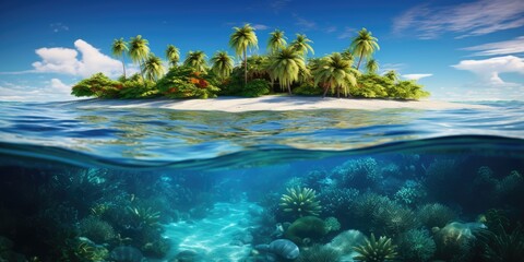 Beautiful underwater view of tropical island beach in Summer. Summer vacation concept.