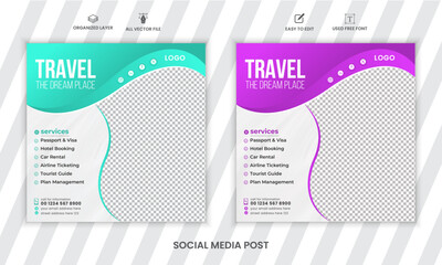 Travel sale social media post template. Web banner, flyer or poster for travelling agency business offer promotion.