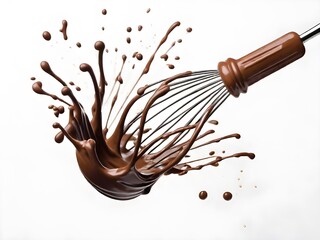 wire whisk chocolate splashes on white solid background