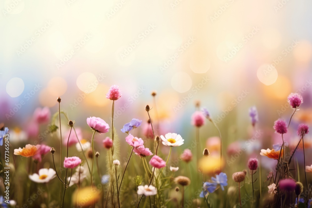 Wall mural wild flower field in wild with variable colors in spring. blurred background for text. spring season