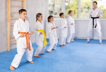 Group of little children in kimono trying new martial moves at karate class