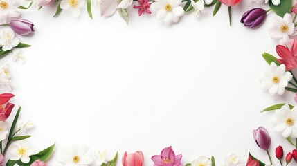Naklejka na ściany i meble Stunning, colorful flower border with ample white space, a perfect template for cards, wedding invites, and diverse graphic designs.