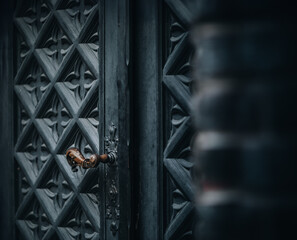 dark wooden door with decorative patterns and bronze metal handle 